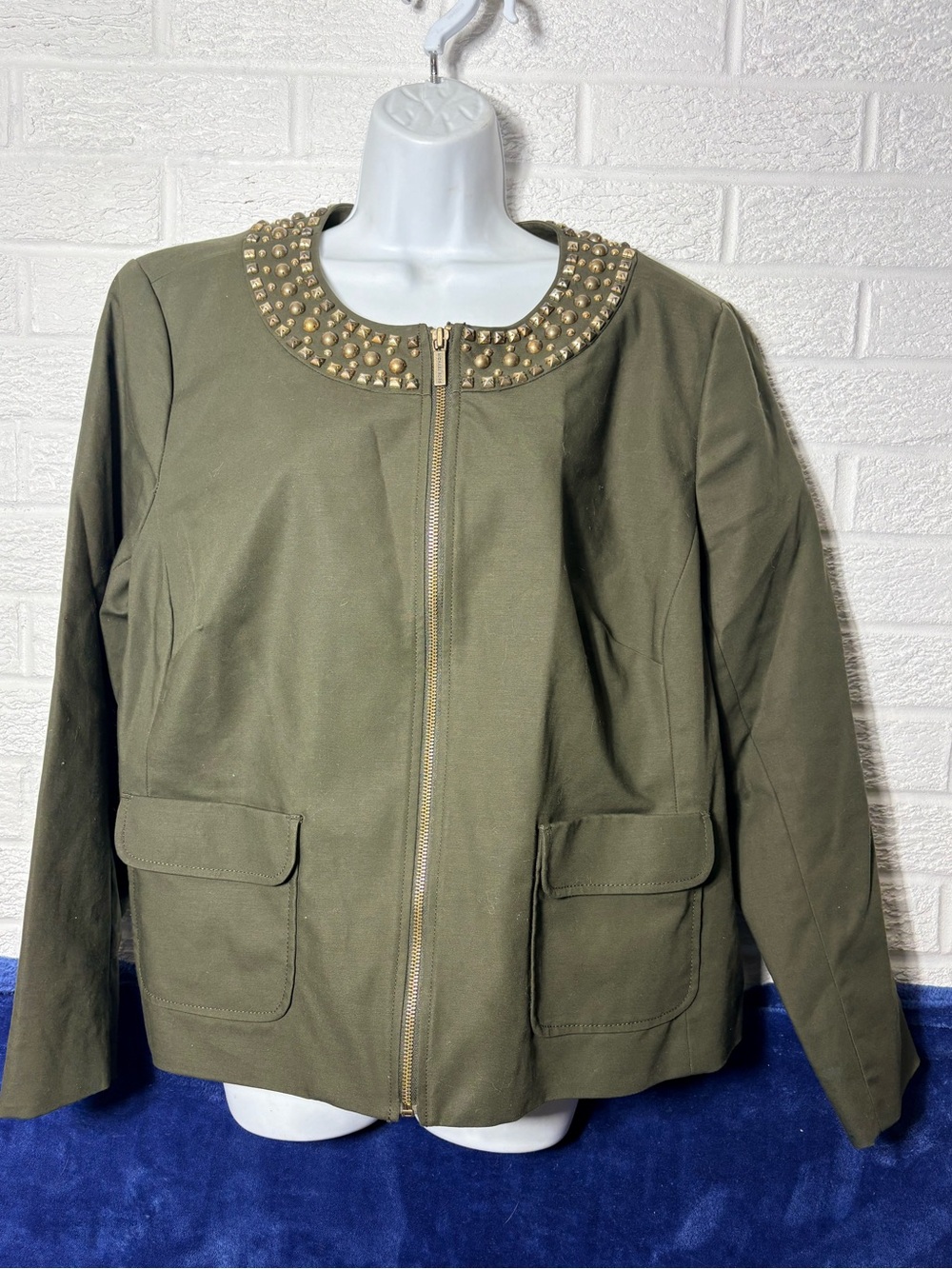 Michael Kors Olive Studded Collar Zip Jacket